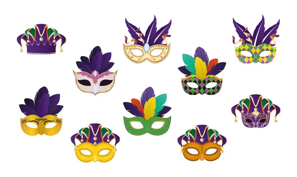 Máscaras de mardi gras com penas definir design vetorial — Vetor de Stock