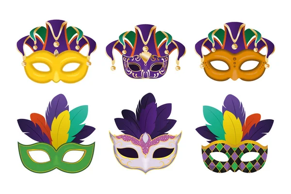 Mardi gras máscaras con plumas icono colección vector diseño — Archivo Imágenes Vectoriales