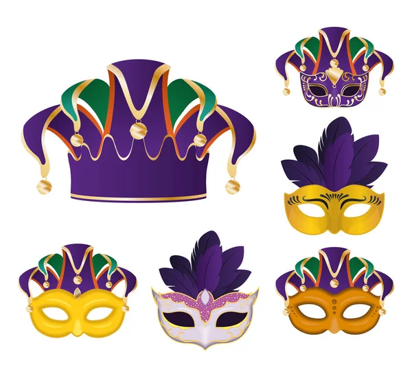 Mardi gras máscaras con plumas símbolo conjunto vector diseño — Archivo Imágenes Vectoriales