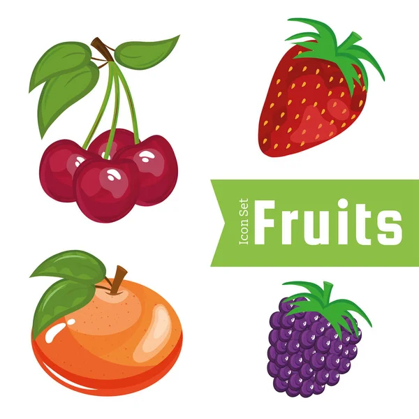 Paquet de quatre fruits frais mis icônes et lettrage — Image vectorielle