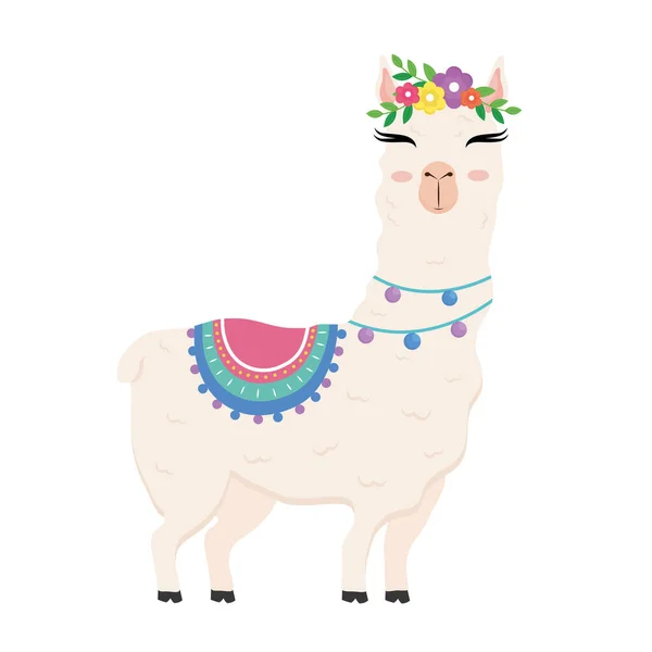 Animal exótico bonito alpaca com cadeira e flores na cabeça e colares —  Vetores de Stock