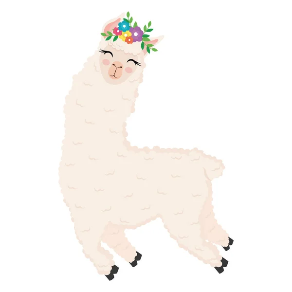 Cute alpaca exotic with flowers in head — Stock Vector