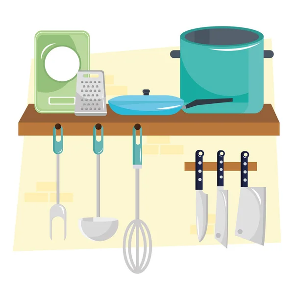 Utensilios de cocina y cubiertos en estante de madera — Vector de stock