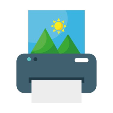 Dağlar ve güneş sahnesi düz biçim ikonu ile yazıcı resmi