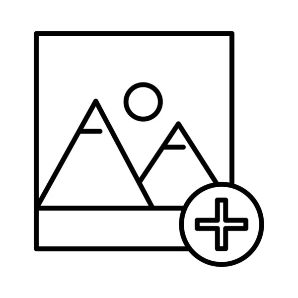 Obrázek s horami a sluncem scéna s pluss symbol čára styl ikony — Stockový vektor