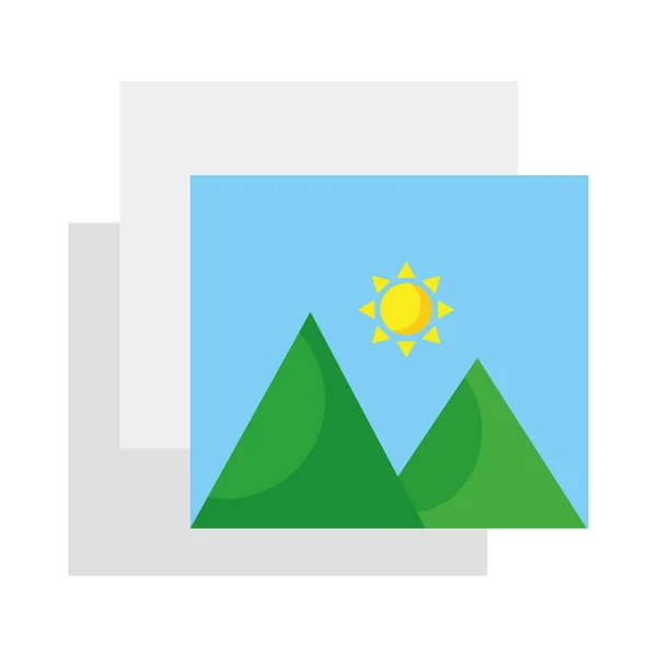 Pictures with mountains and sun scene style flat icons — Stock Vector