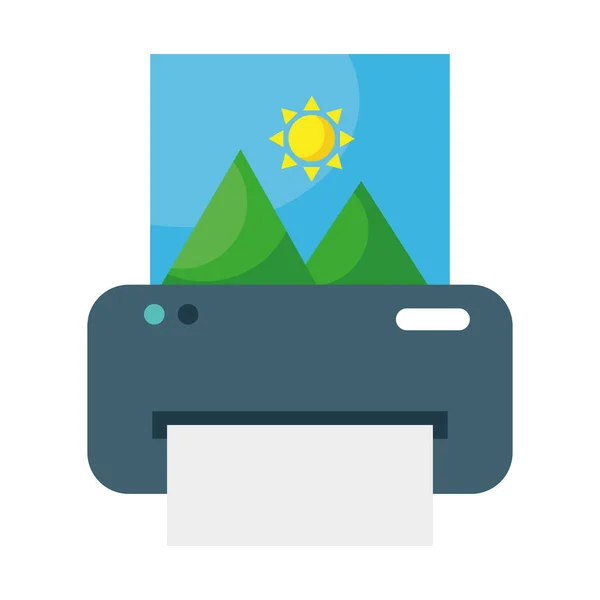 Printer printing picture with mountains and sun scene flat style icon — Stock Vector