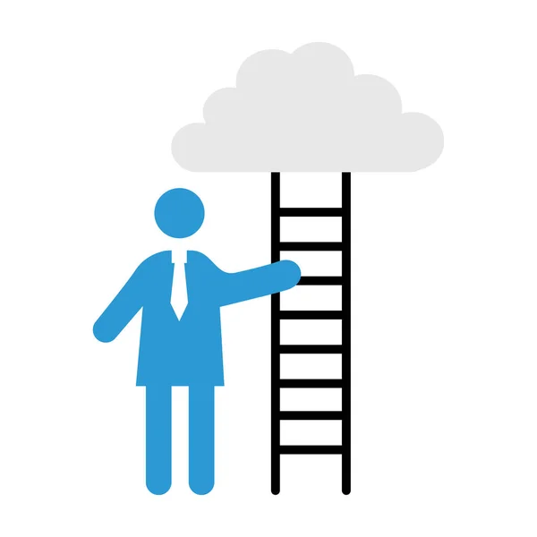 Homme d'affaires coaching avec escalier et nuages demi-ligne icône de style — Image vectorielle