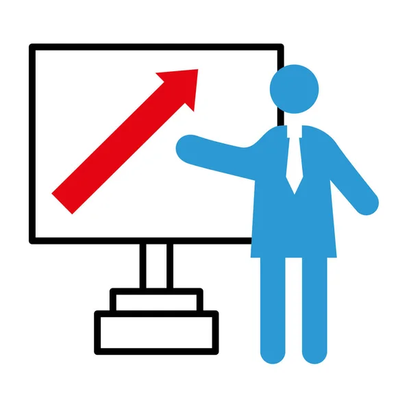 Business person coaching met pijl in karton halflijn stijl pictogram — Stockvector