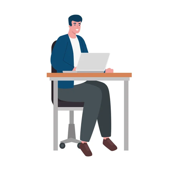 Ung man sitter på kontoret arbetar i laptop karaktär — Stock vektor