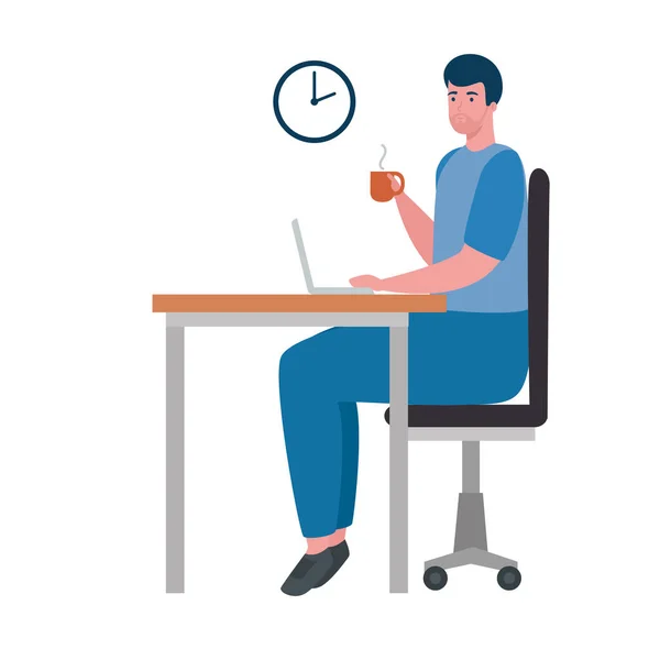 Ung man sitter på kontoret och arbetar i laptop — Stock vektor