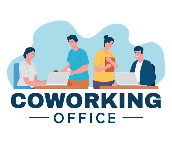 Grupp om fyra arbetstagare coworking office tecken — Stock vektor