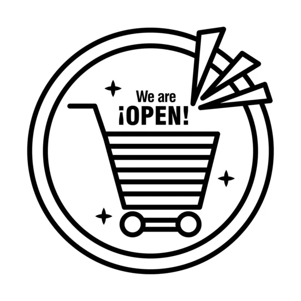 Reopening lettering with shopping cart in sticker line style icon — Stock Vector
