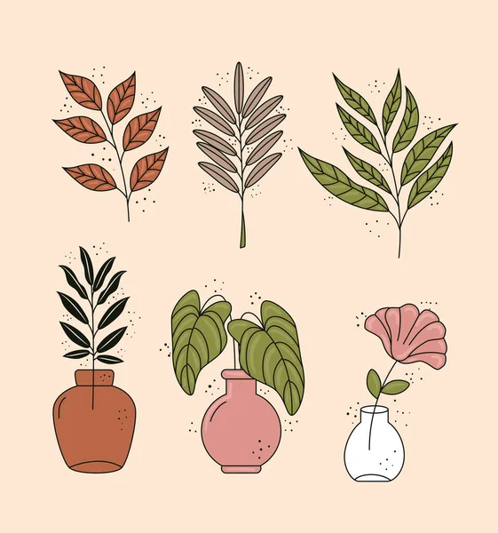 Δέσμη έξι φύλλων boho στυλ φυτά διακοσμητικά εικονίδια — Διανυσματικό Αρχείο