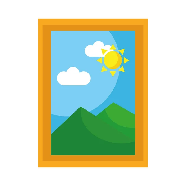Prostokątne zdjęcie z górami i ikoną sceny słońca płaski styl — Wektor stockowy