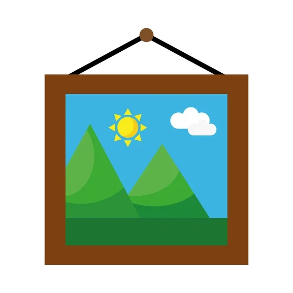 Kép hegyek és napfény jelenet lógó lapos stílusú ikon — Stock Vector
