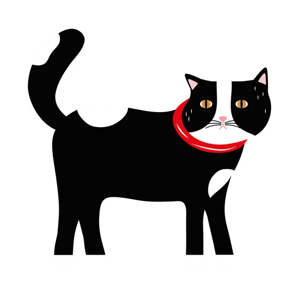 Mignon petit chat noir et blanc couleurs animal mascotte personnage — Image vectorielle