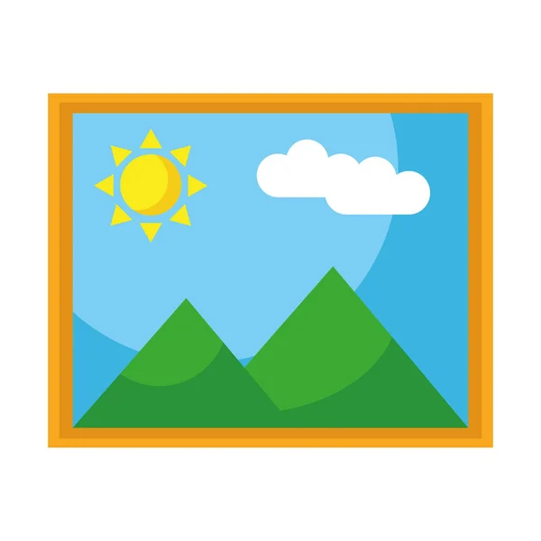 Imagen con montañas y escena de sol icono de estilo plano — Vector de stock