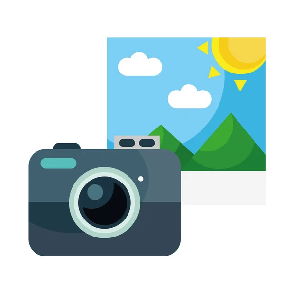 山と太陽のシーンのフラットスタイルのアイコンを持つカメラ — ストックベクタ