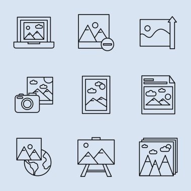 Farklı sahne sahneleri satır biçimi simgelerine sahip dokuz resim demeti