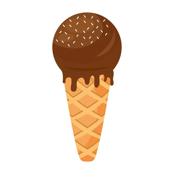 Dolce delizioso gelato con crema al cioccolato in cono — Vettoriale Stock
