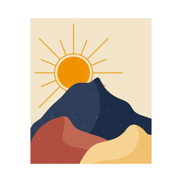 Paisaje abstracto colorido escena con sol y montañas — Vector de stock