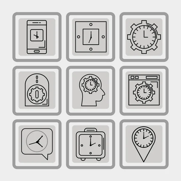 Paquete de nueve iconos de estilo de línea de tiempo establecido en fondo gris — Vector de stock