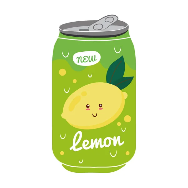Citronová šťáva ovocná plechovka s kawaii znaky — Stockový vektor