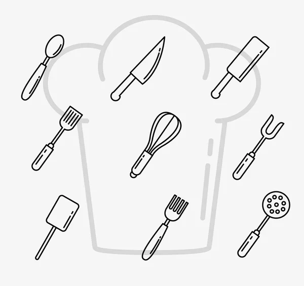 Bundle of nine kitchen utensils set icons — Stock Vector