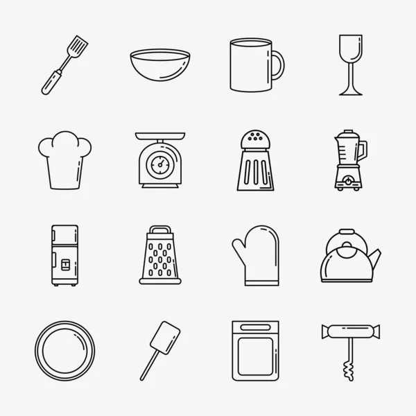 Paquete de dieciséis utensilios de cocina conjunto de iconos — Vector de stock