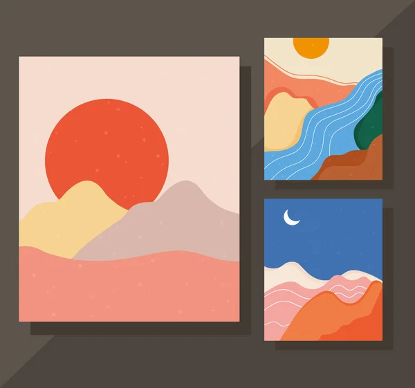 3つの抽象的な風景の束カラフルなシーン — ストックベクタ