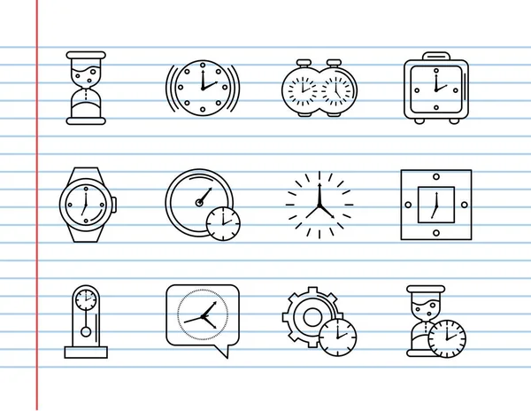 Pacote de doze ícones de estilo de linha de tempo definido na folha de caderno —  Vetores de Stock