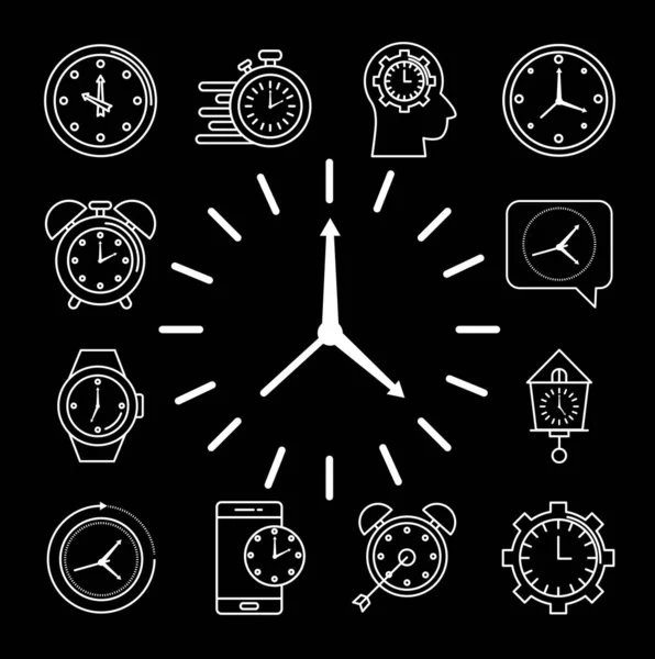 Paquete de doce iconos de estilo de línea de tiempo establecido en fondo negro — Vector de stock