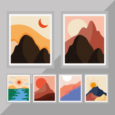 Gri arka planda altı soyut manzara demeti