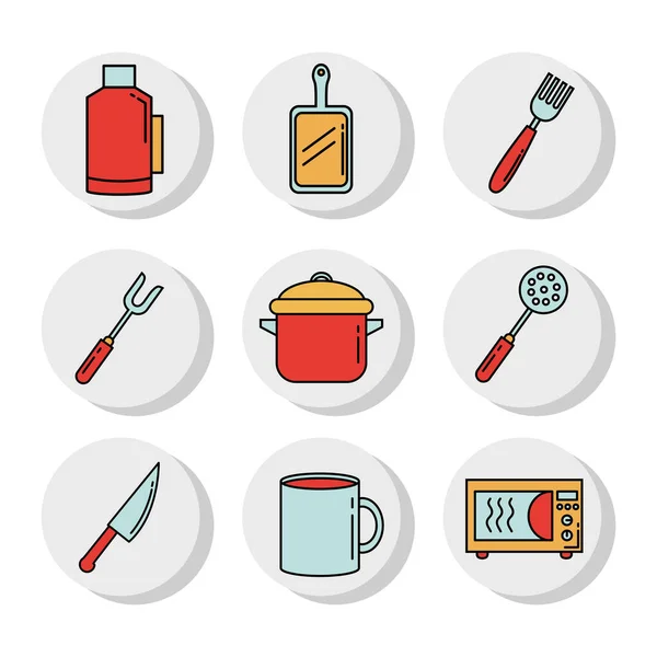 Bundle of nine kitchen utensils set icons — Stock Vector