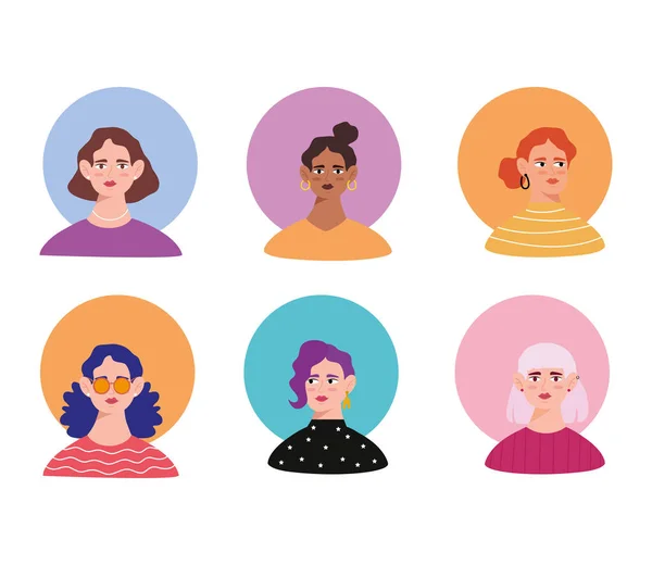 Grupo de seis mulheres jovens avatares personagens —  Vetores de Stock