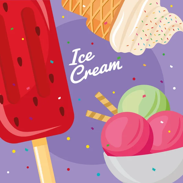 Paquete de tres helados establecer iconos y letras — Vector de stock