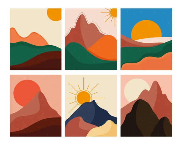 Paquet de six paysages abstraits scènes colorées en fond blanc — Image vectorielle