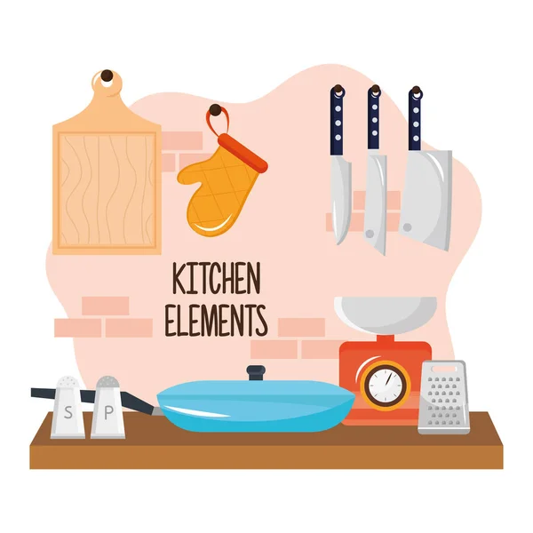 Кухонная утварь в деревянном столе и столовых приборах — стоковый вектор