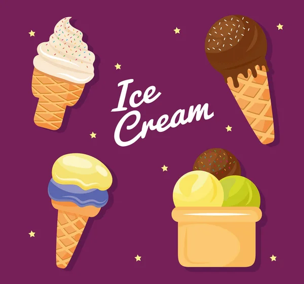4つのアイスクリームセットのアイコンとレタリングの束 — ストックベクタ