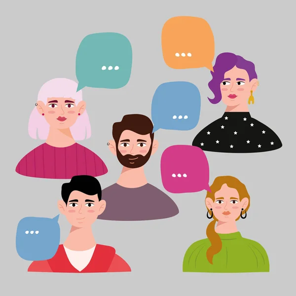 Group of young persons avatars characters with speech bubbles — Stock Vector