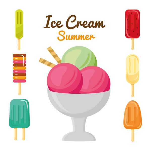 7つのアイスクリームセットのアイコンとレタリングの束 — ストックベクタ