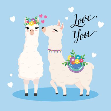 Çiçekli ve harfli iki sevimli alpaka egzotik hayvan.