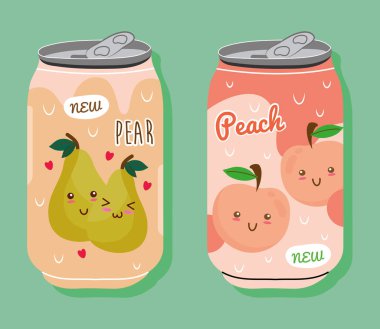 armut ve şeftali suyu Kawaii karakterli meyve konserveleri