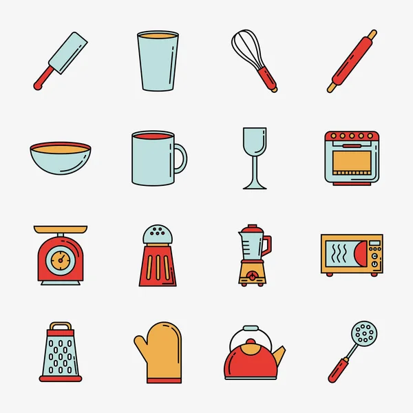 Zestaw szesnastu ikon kompletu naczyń kuchennych — Wektor stockowy
