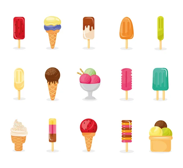 Paquete de quince helados establecer iconos — Vector de stock