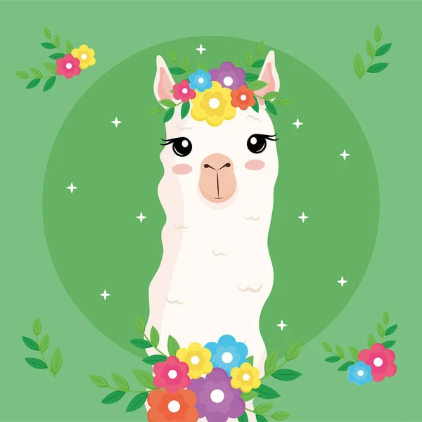 Cute alpaca exotic animal with flowers decoration in head and neck — Stock Vector