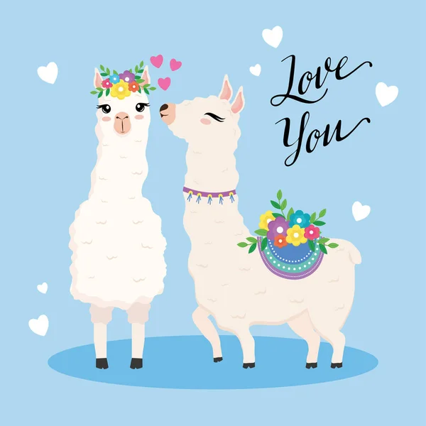 Cute two alpacas exotic animals with flowers and lettering — Stock Vector