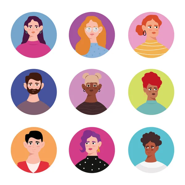 Groep van negen jongeren avatars personages — Stockvector