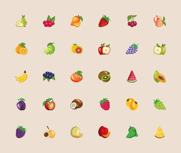 Paquete de treinta iconos de frutas frescas — Vector de stock